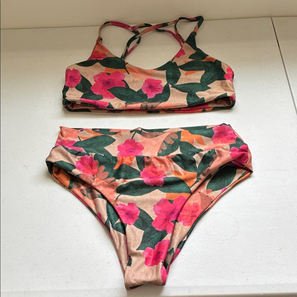 Stone Fox Swim Floral Crop Bikini Set in Pink and Green